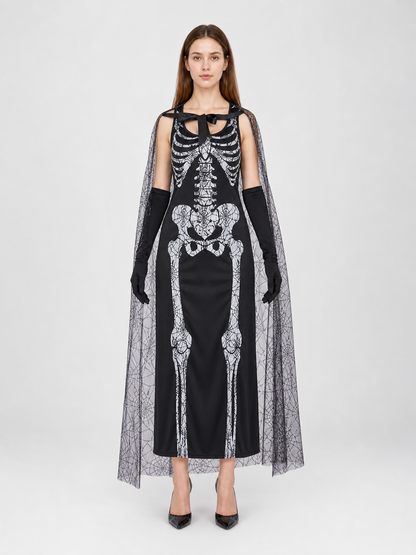 Gothic Halloween costume dress with accessories: a sleeveless black dress with a white rib and pelvic bone print, a sheer cape or veil with a spiderweb design, black gloves, and a necktie or bow detail. The look is done in black and white w
