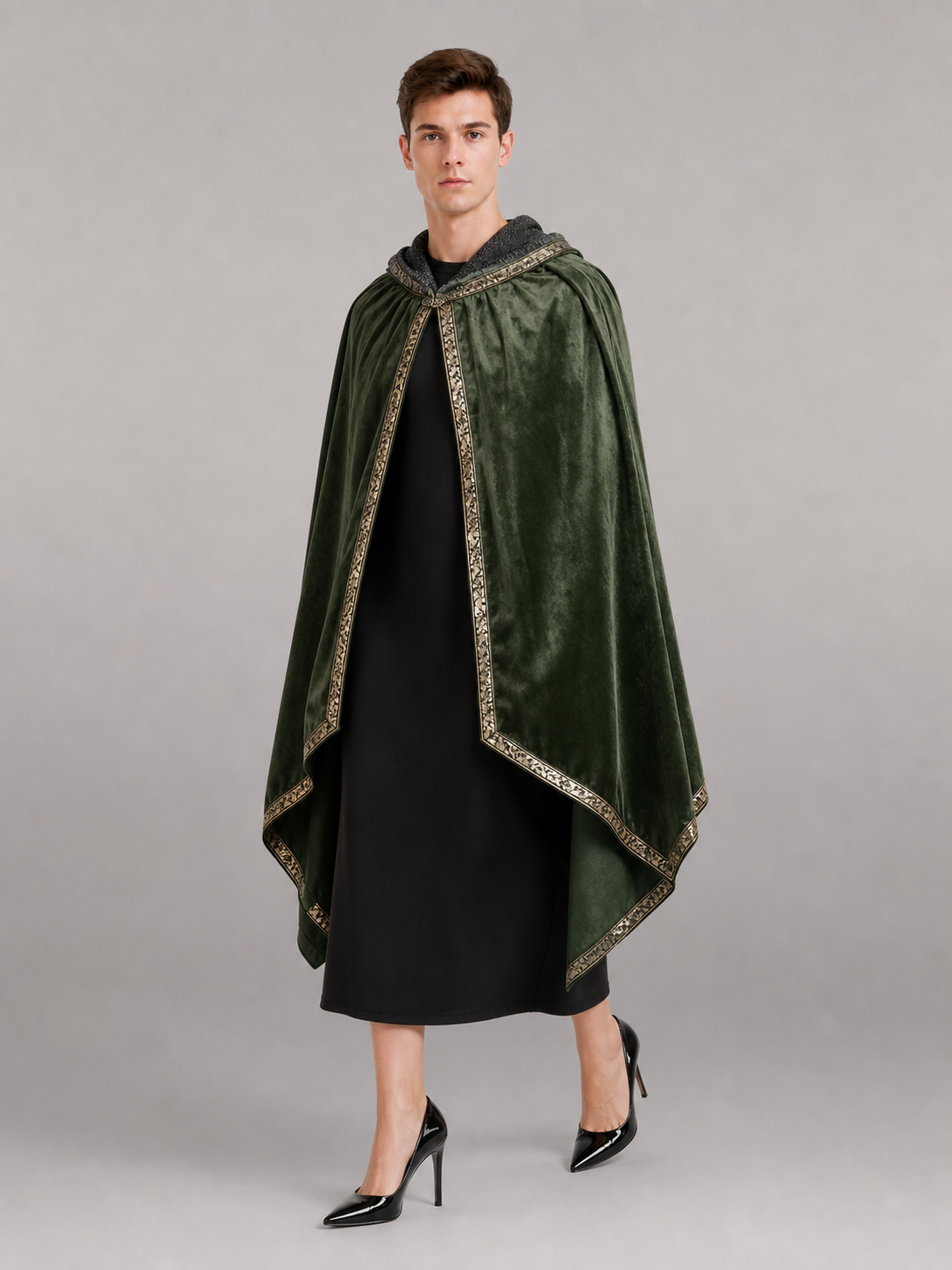 Green asymmetrical long carnival cape