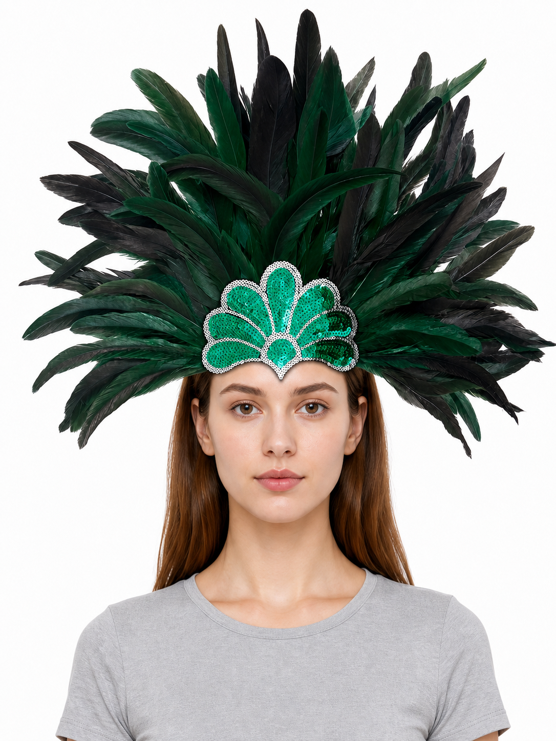 Green and black feather carnival headpiece shown front-facing on a model wearing a gray shirt, with a beaded green centerpiece