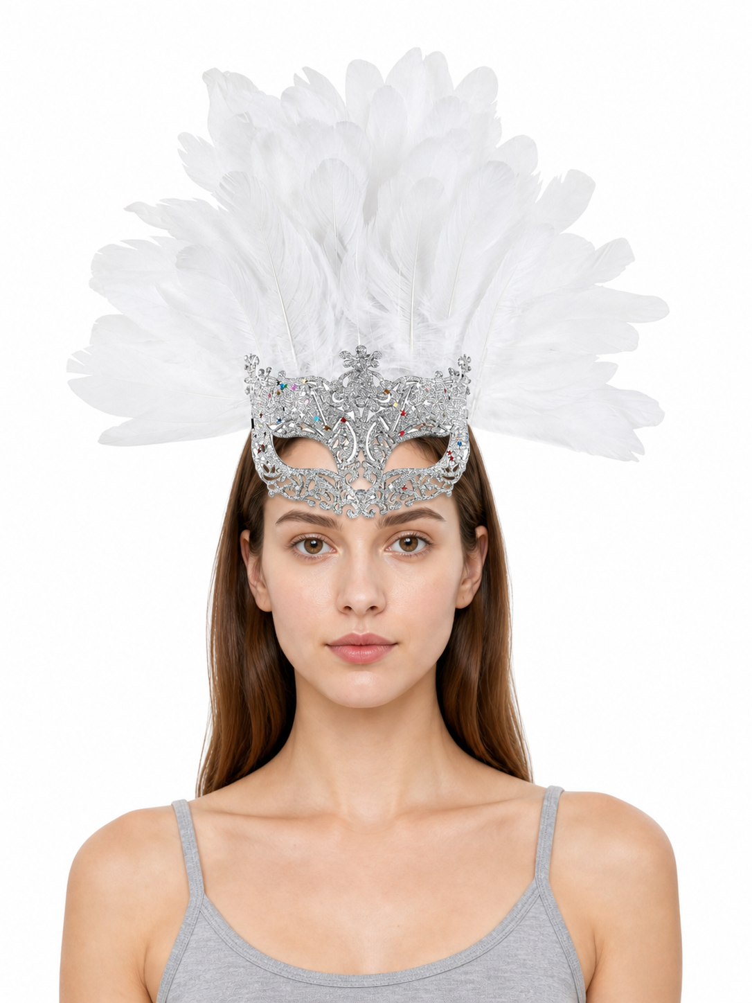 Masquerade Mask with White Feathers and Glitter