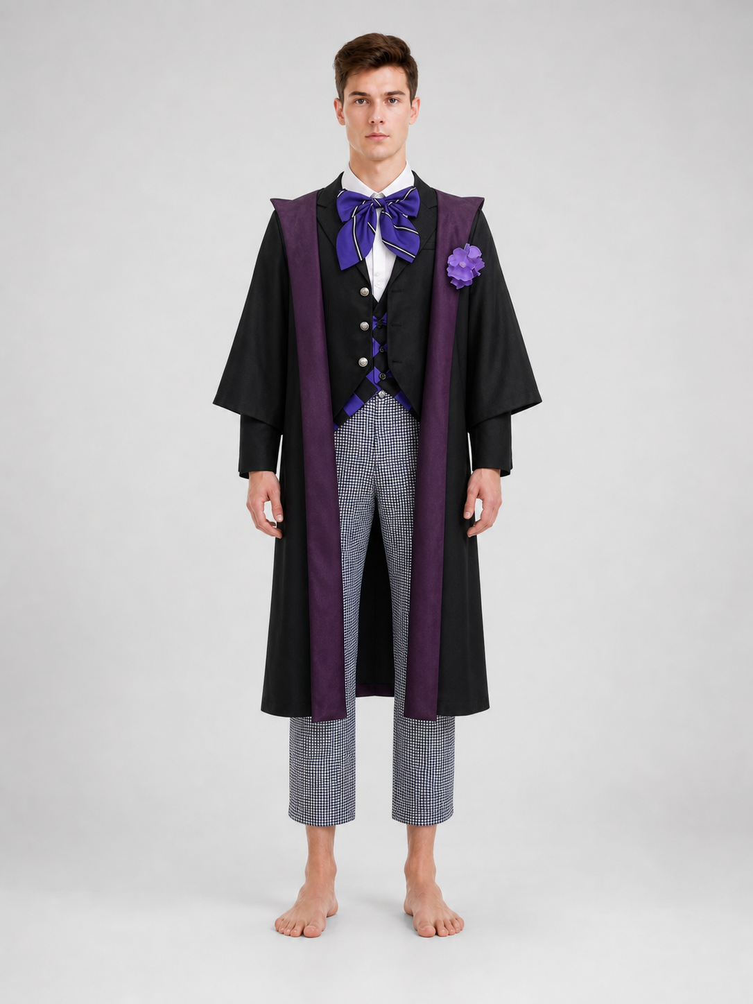 The set is styled after the character Gregory Violet and includes a jacket, vest, shirt, pants, bow tie, and lapel brooch. The look is built around layering: a black vest and black jacket are worn over a white shirt, complemented by an uppe