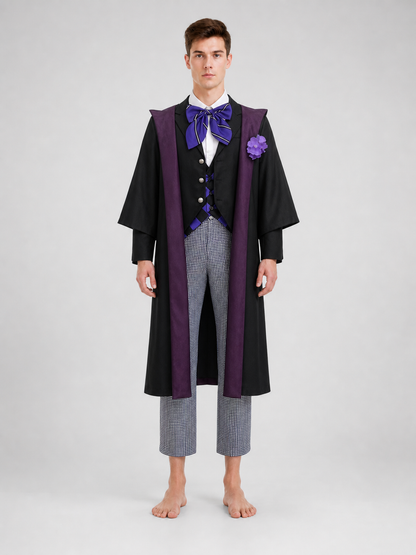The set is styled after the character Gregory Violet and includes a jacket, vest, shirt, pants, bow tie, and lapel brooch. The look is built around layering: a black vest and black jacket are worn over a white shirt, complemented by an uppe