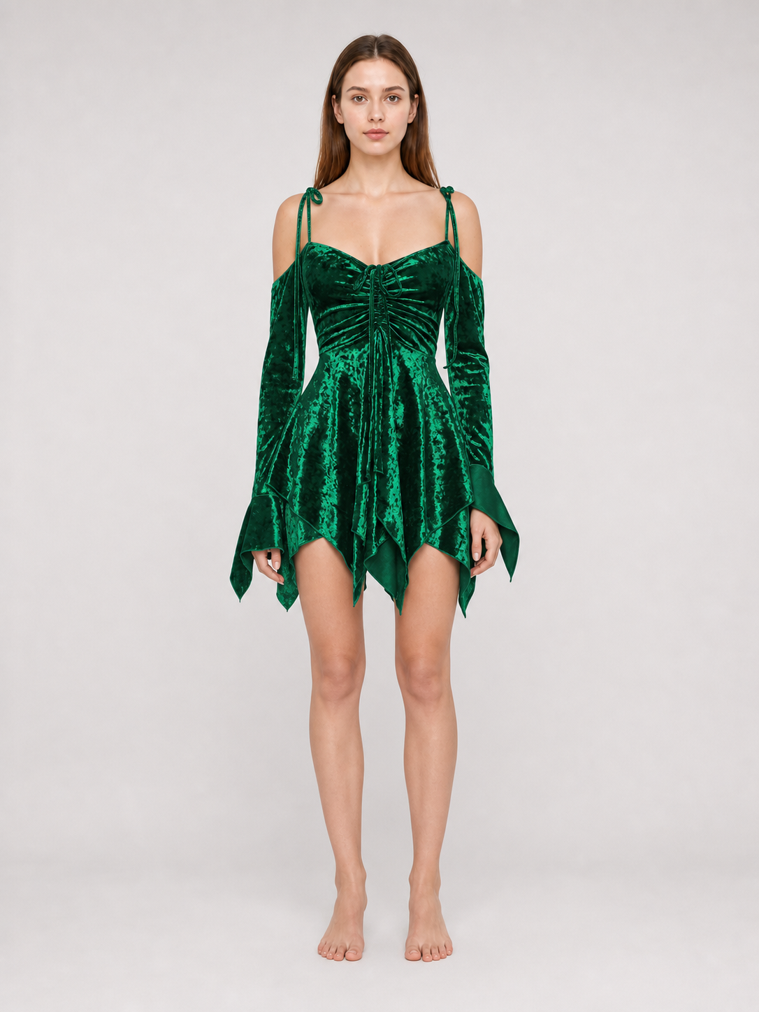Emerald Green Mini Dress with a Velvet-Like Texture
