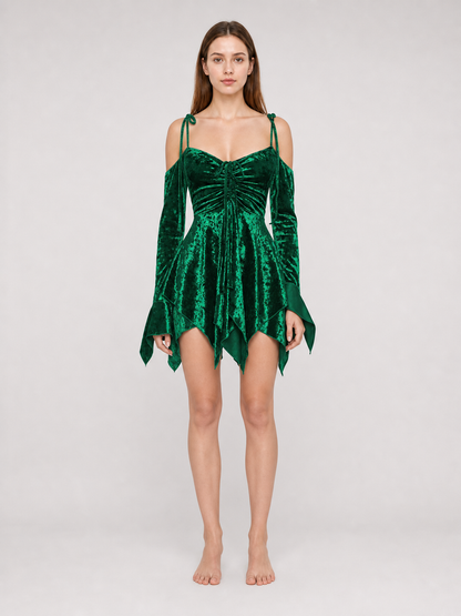 Emerald Green Mini Dress with a Velvet-Like Texture