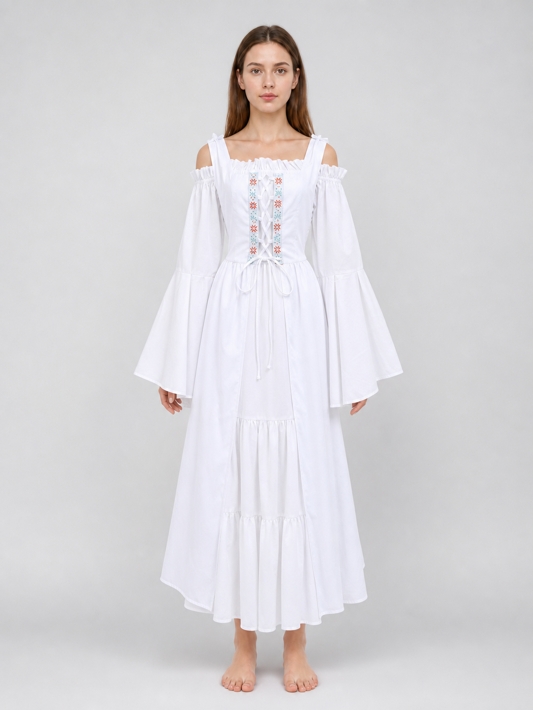 Retro-Style Embroidered Lace-Up Maxi Dress