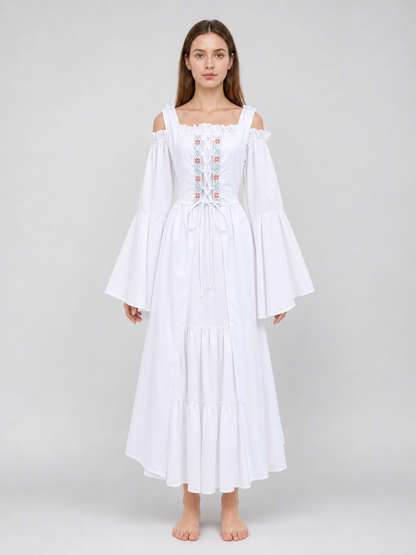 Retro-Style Embroidered Lace-Up Maxi Dress