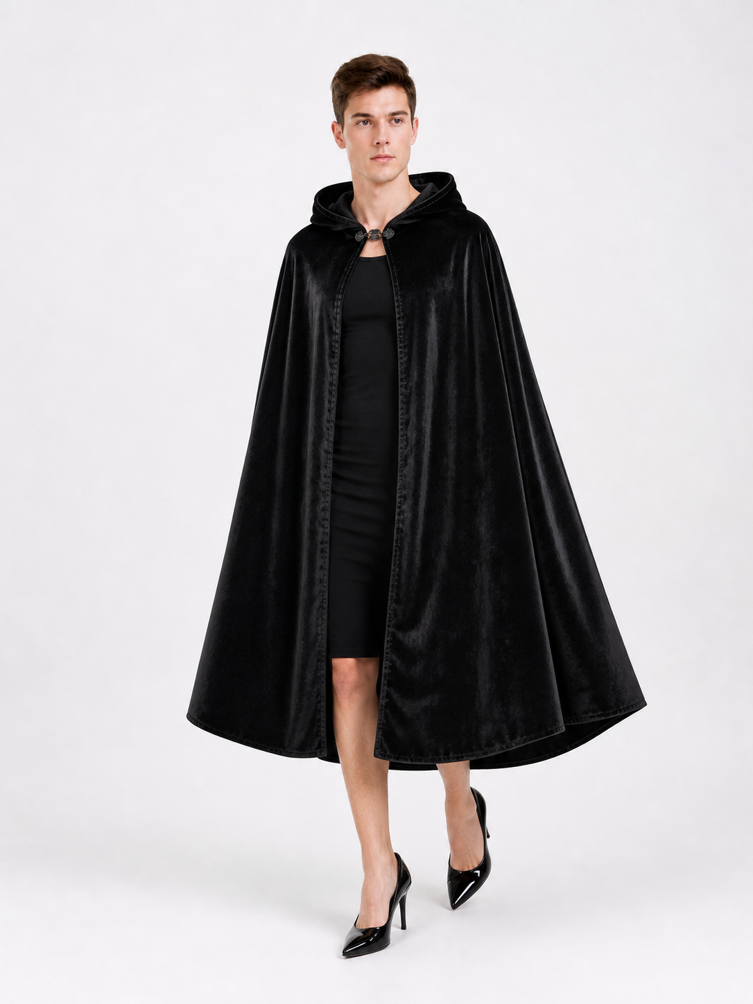 Black Hooded Carnival Cape, Flowing