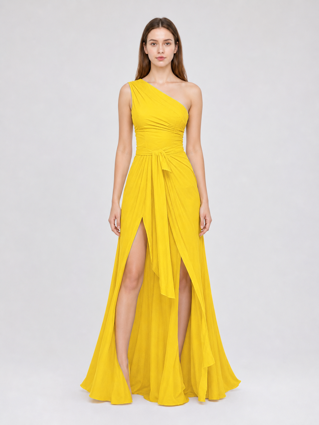 Yellow Chiffon One-Shoulder Evening Dress