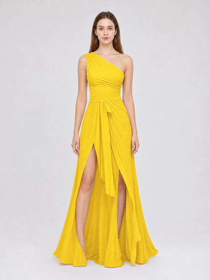 Yellow Chiffon One-Shoulder Evening Dress