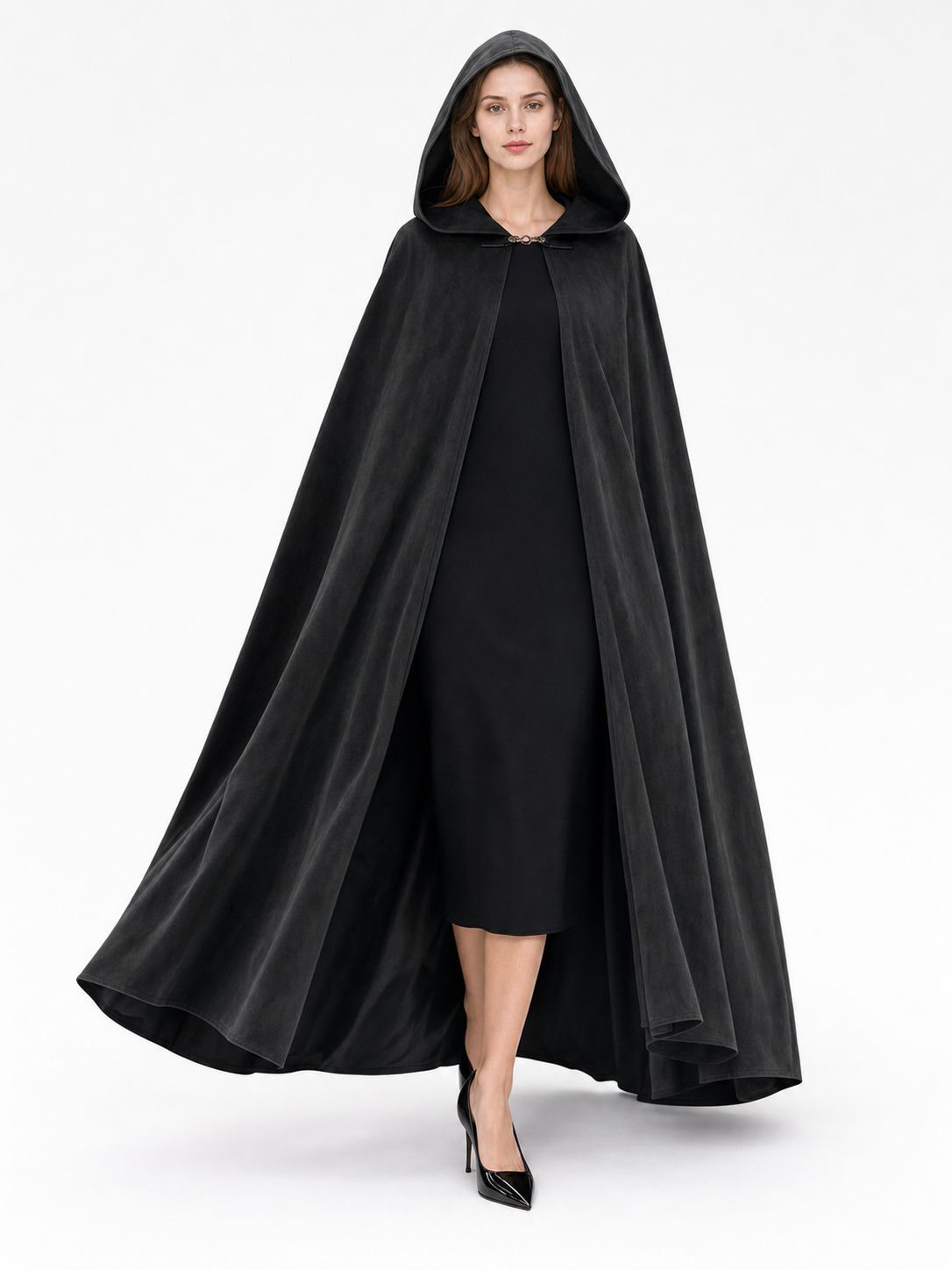Long black hooded costume cloak