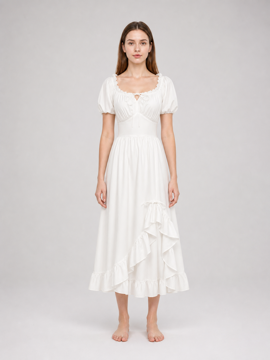 White Midi Dress with a Corset-Style Bodice and Ruffles