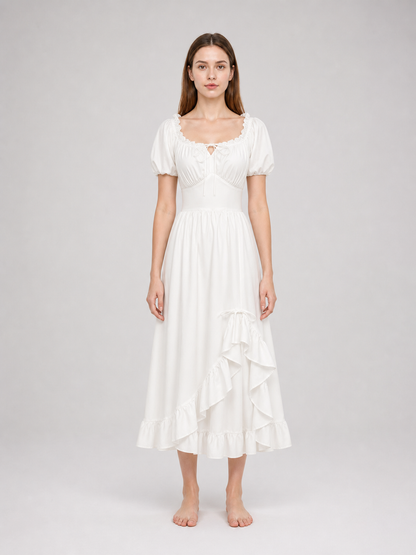 White Midi Dress with a Corset-Style Bodice and Ruffles