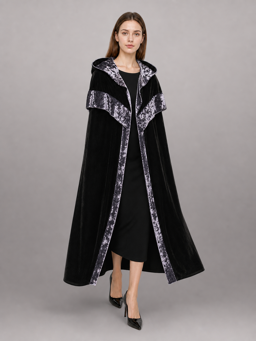 Black Carnival Cloak with Hood and Trim