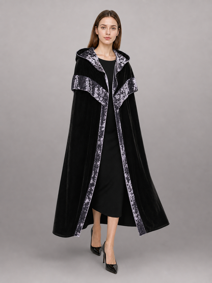 Black Carnival Cloak with Hood and Trim
