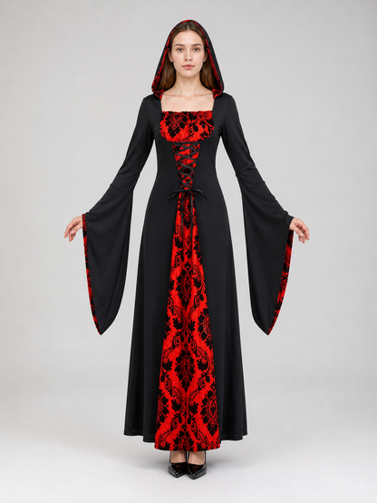 Gothic Hooded Dress with Red Pattern