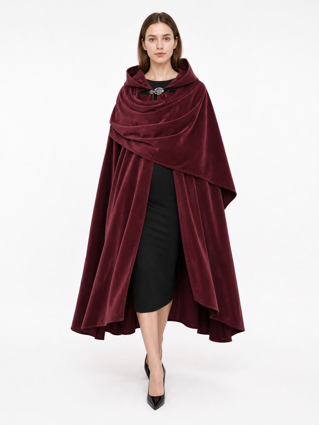 Burgundy Carnival Cloak with a Full Hood