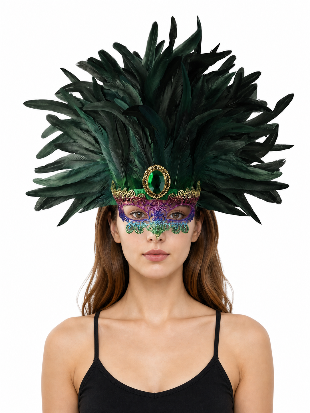 Masquerade headdress with green feathers