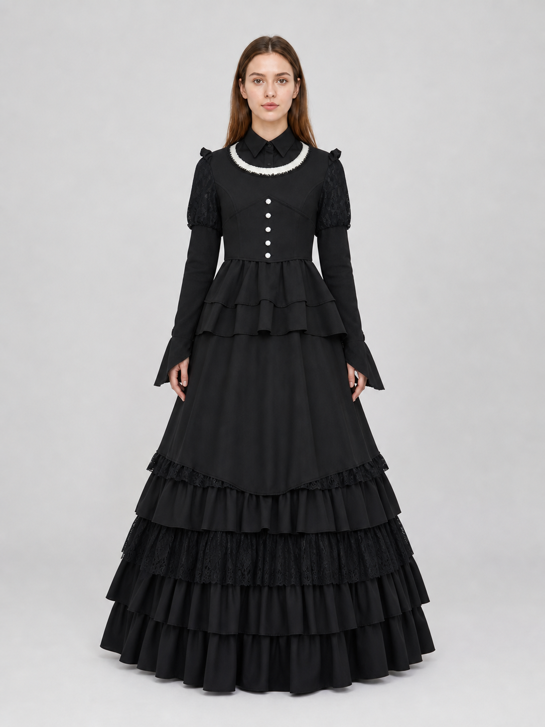 Gothic Dress with a High Collar and Ruffles