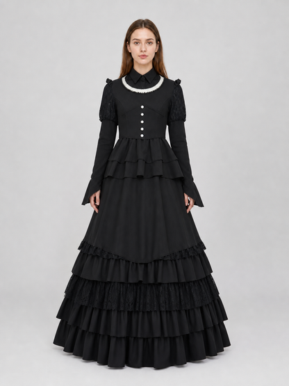 Gothic Dress with a High Collar and Ruffles