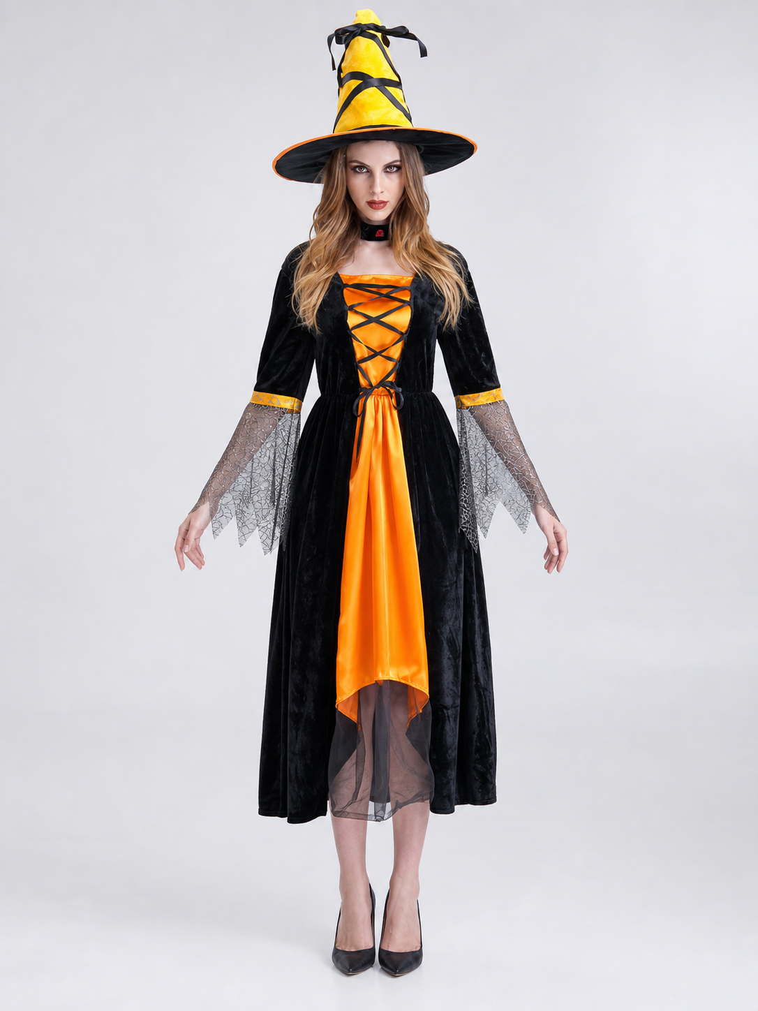 Halloween witch costume with dress and hat front view