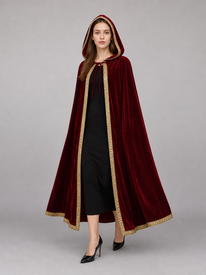 Burgundy carnival cape with hood and gold trim