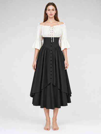 Vintage-style off-the-shoulder lace-up dress