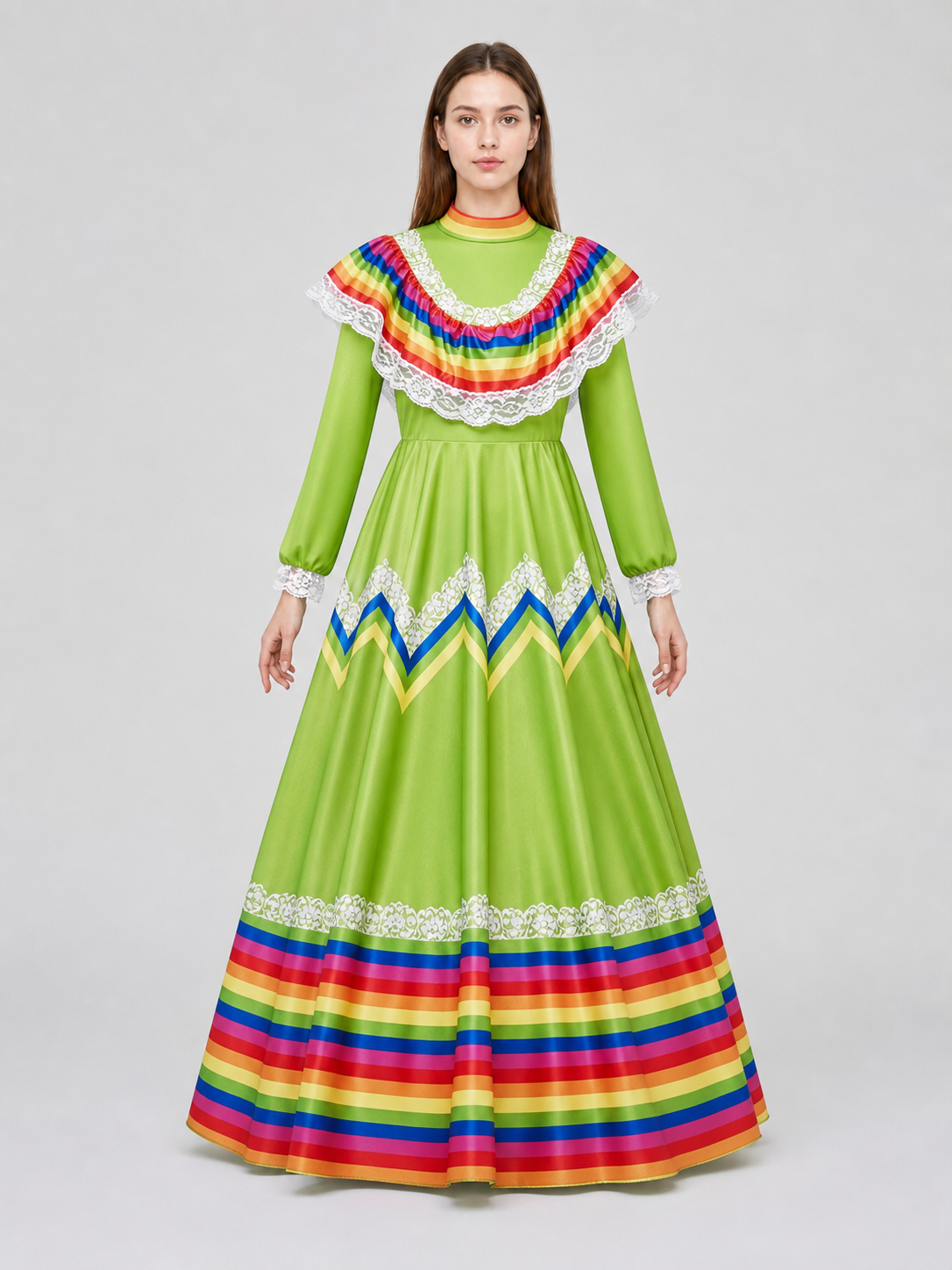 Bright folk dress with a full skirt and lace