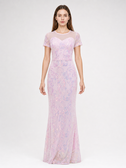 Floor-Length Evening Dress with Sequin Floral Pattern
