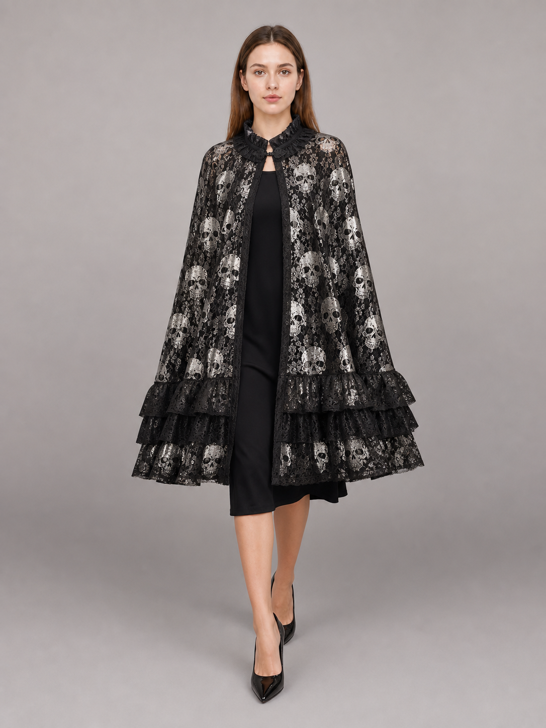 Gothic witch costume for Halloween and cosplay: dress, long gloves, and stockings