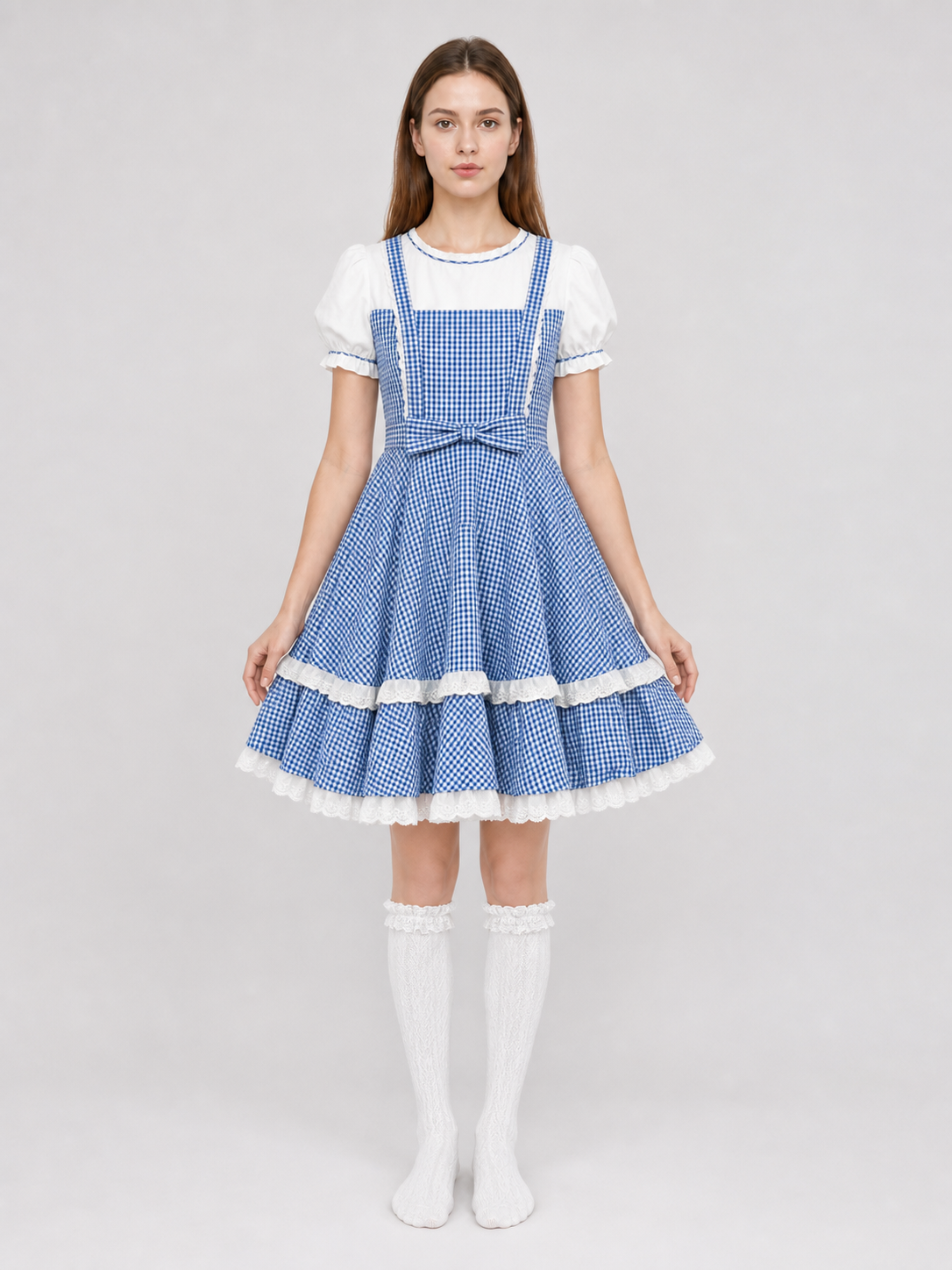 Retro-style plaid dress with socks and bows