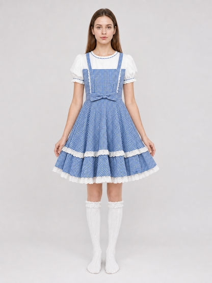 Retro-style plaid dress with socks and bows