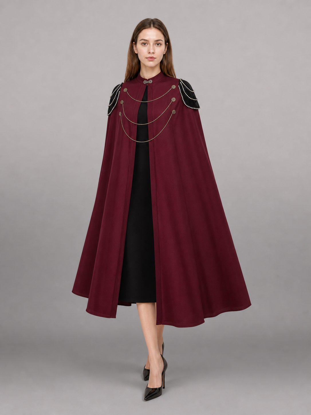 Long burgundy hooded carnival cloak