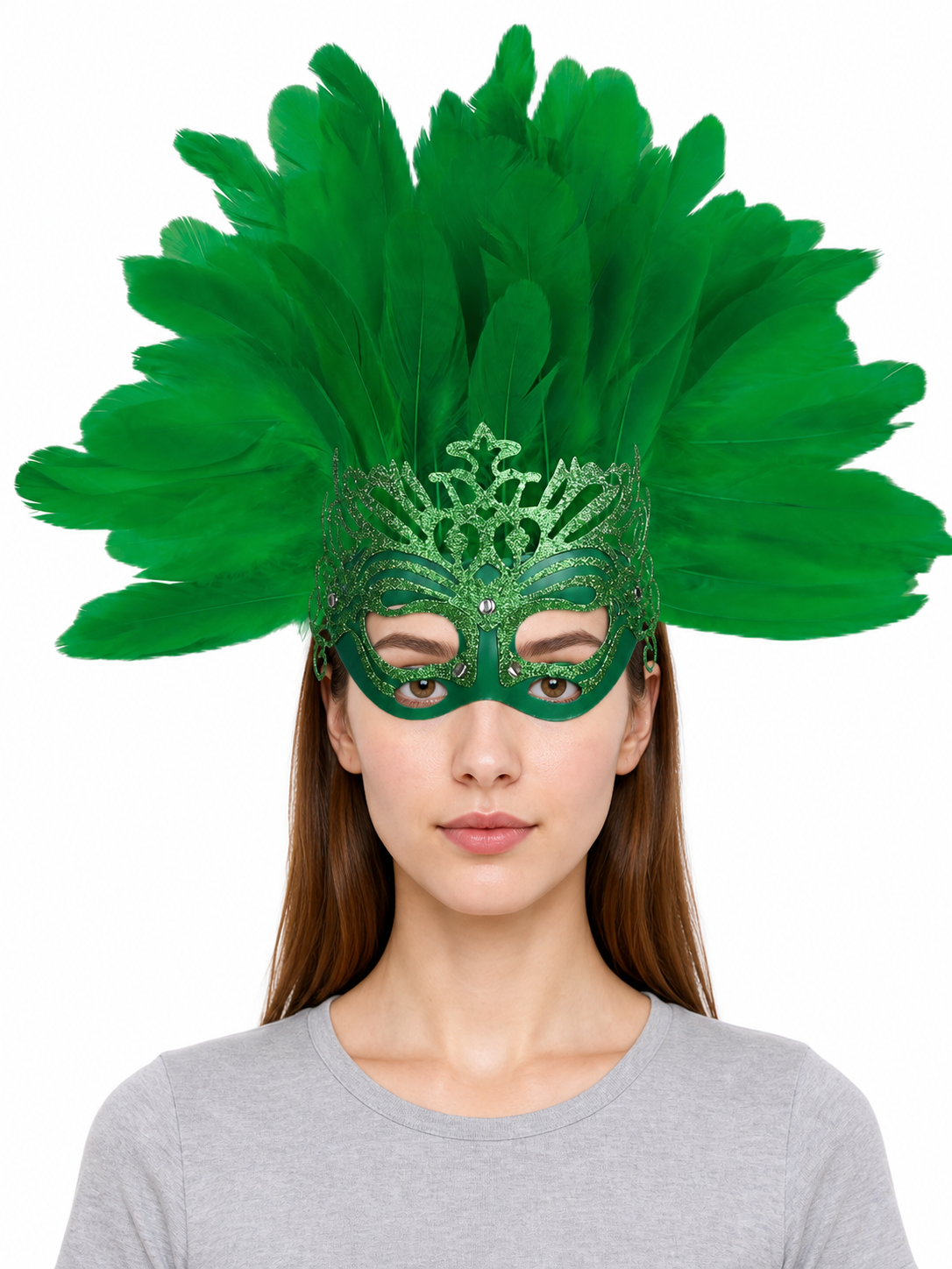 Carnival Mask with Green Feathers and Glitter