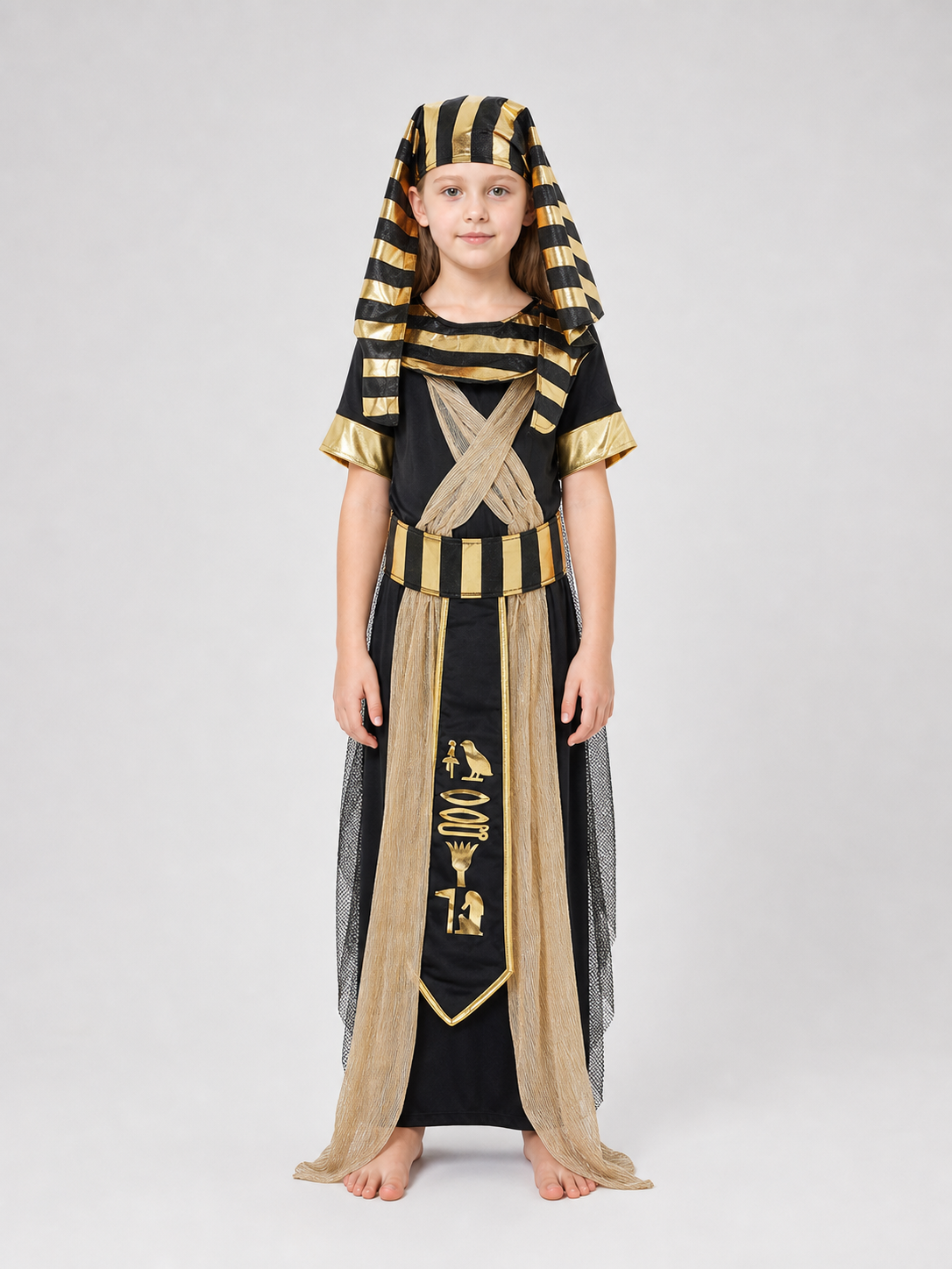 Adult Egyptian Pharaoh Costume Set, 4pcs Robe With Headdress Collar And Waist Belt, Black Gold Cosplay Outfit For Halloween Stage Performance