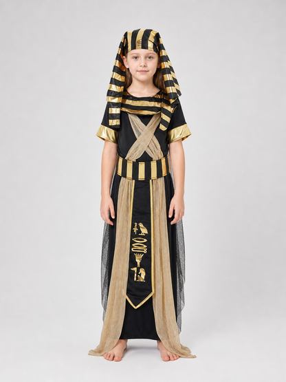 Adult Egyptian Pharaoh Costume Set, 4pcs Robe With Headdress Collar And Waist Belt, Black Gold Cosplay Outfit For Halloween Stage Performance