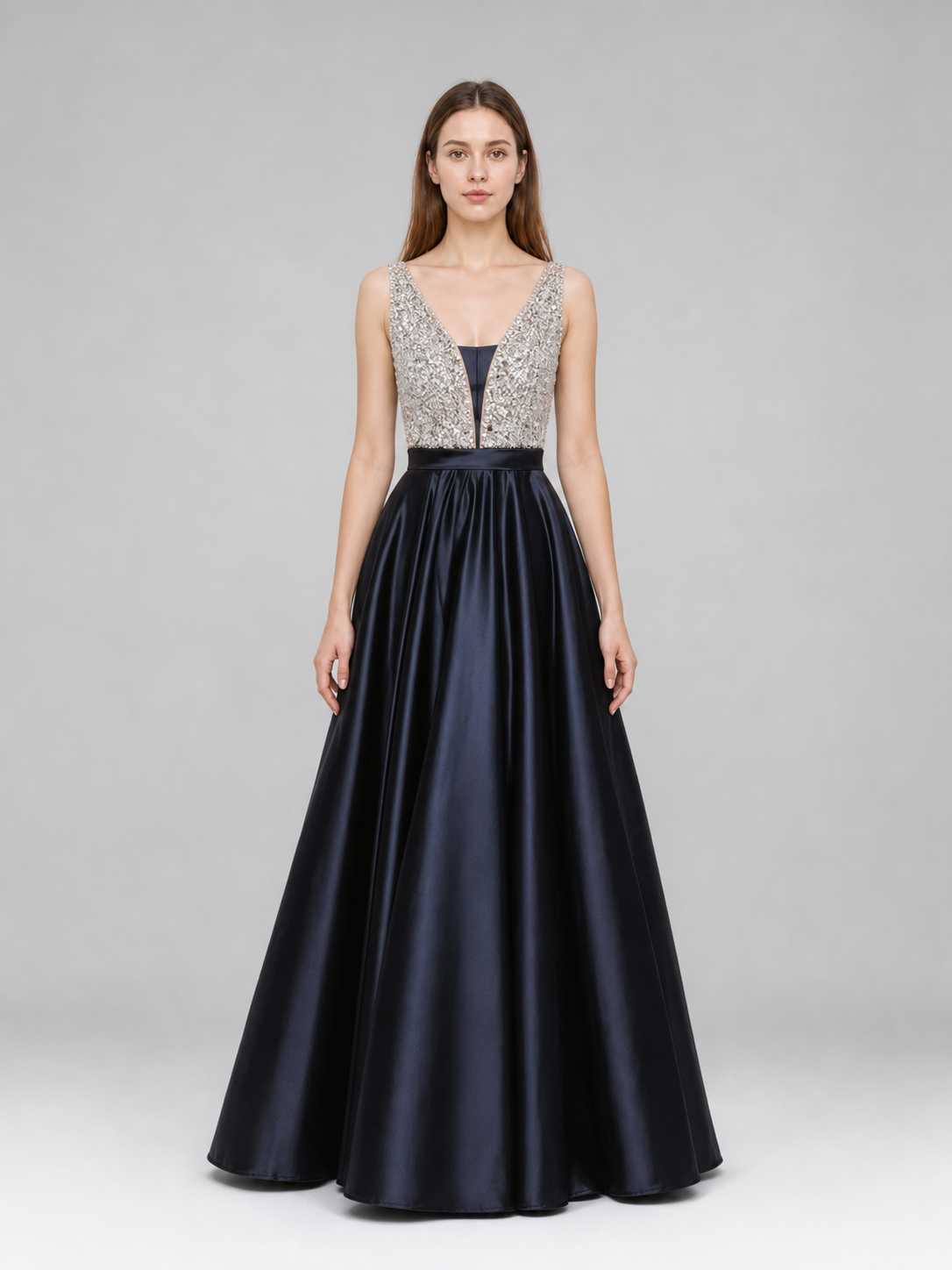 Elegant floor-length dress with a V-neckline