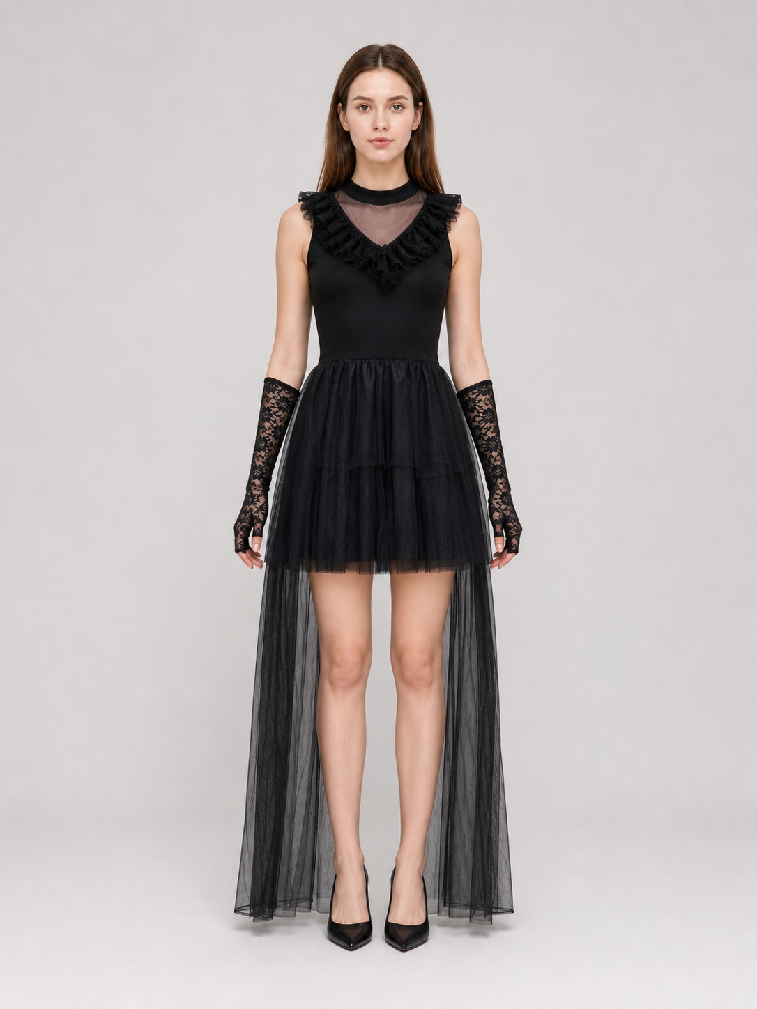 Gothic costume dress with veil and gloves