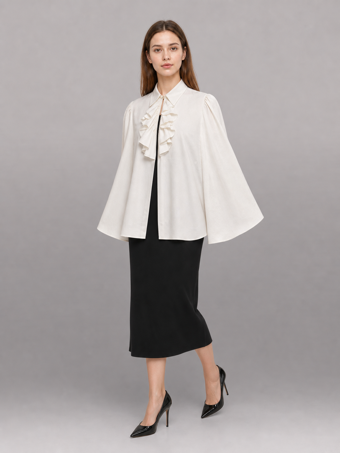 White blouse with a high collar and ruffles