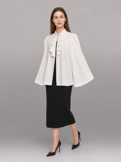 White blouse with a high collar and ruffles