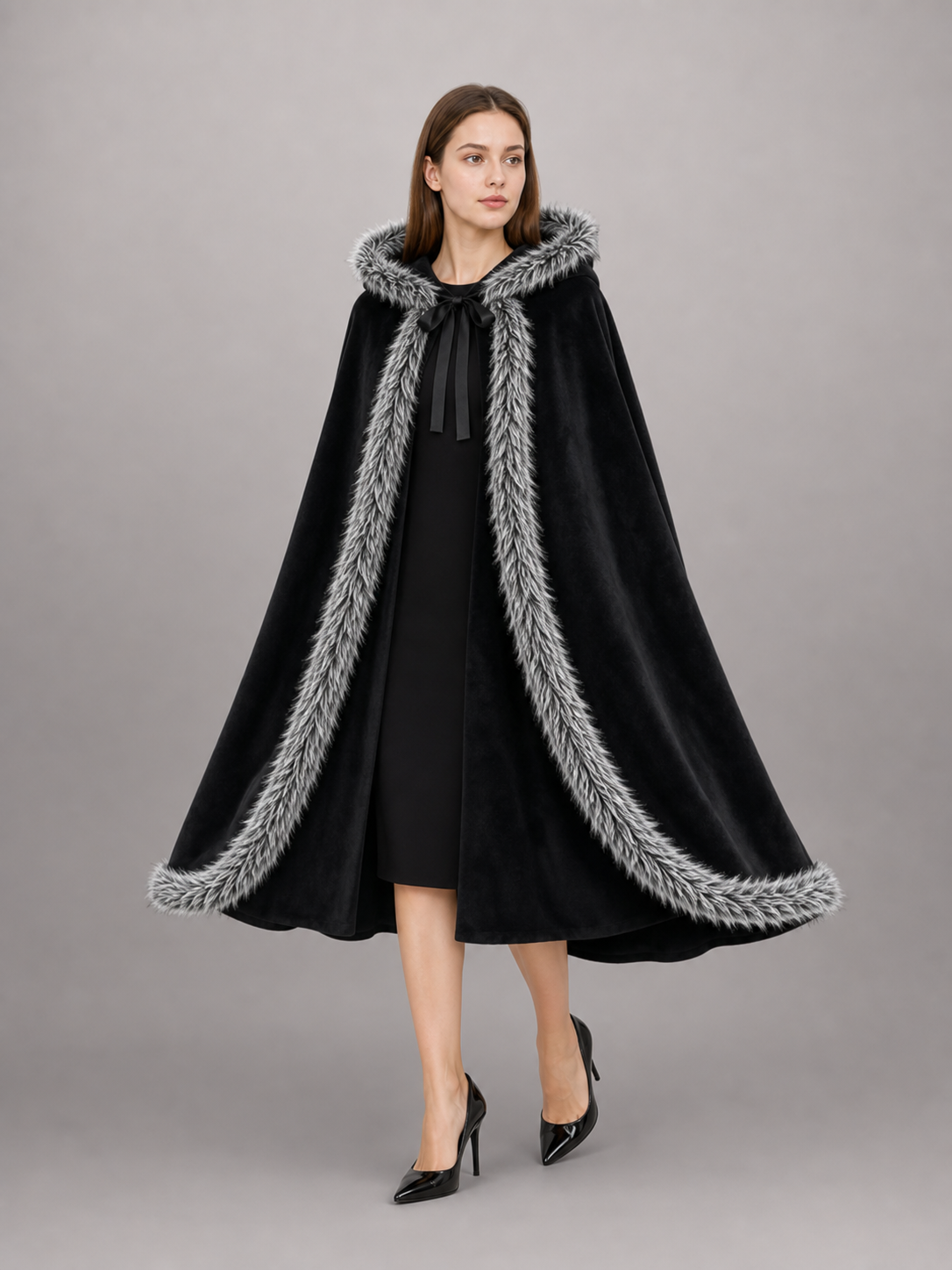 Black carnival cape with hood and shaggy trim