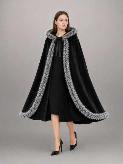 Black carnival cape with hood and shaggy trim