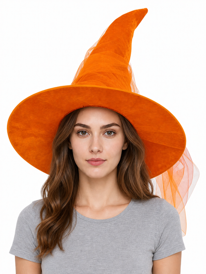 Orange Halloween Witch Hat with Very Tall Curved Pointed Crown, Wide Wavy Brim and Attached Sheer Veil for Costume Parties