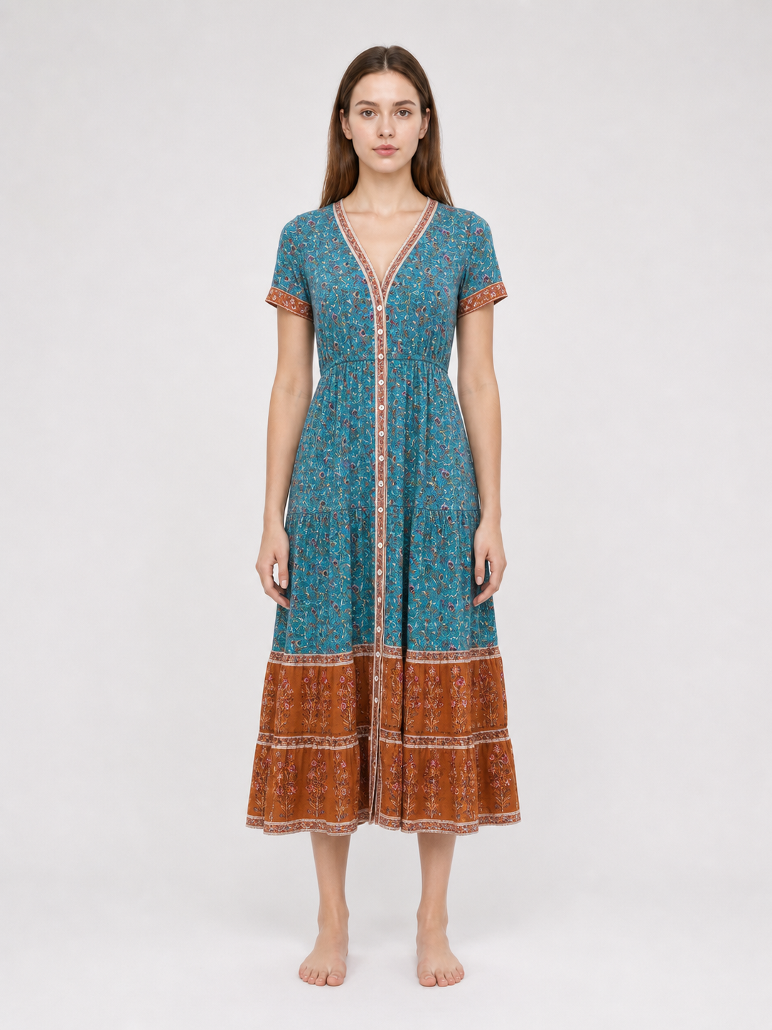 Printed Midi Dress with Short Sleeves