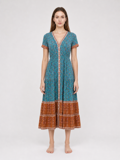 Printed Midi Dress with Short Sleeves