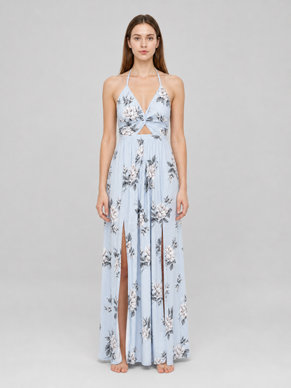 Maxi Dress with Floral Print and V-Neckline
