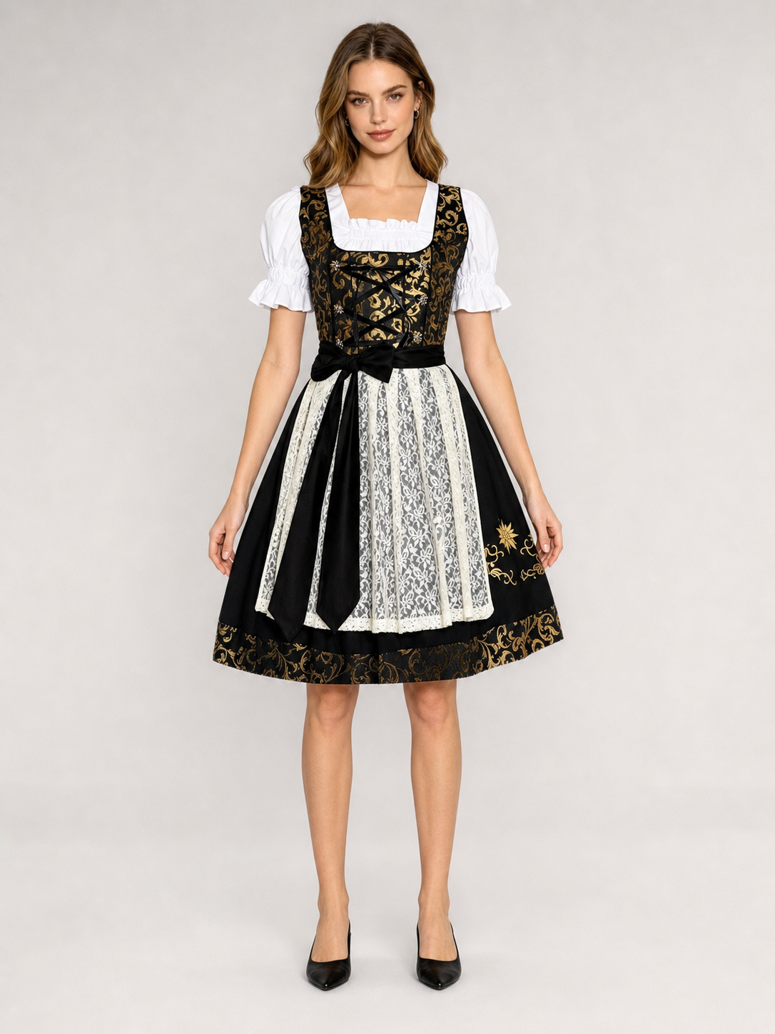 Dirndl Dress with Apron, Black and Gold, S–XXXL