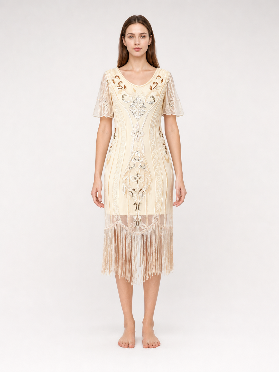 1920s-Style Dress with Fringe and Embellishments