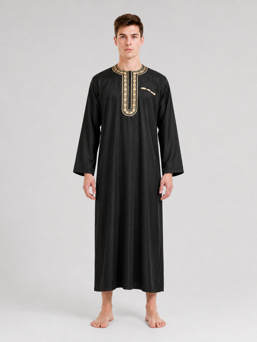Black long Muslim robe with gold trim