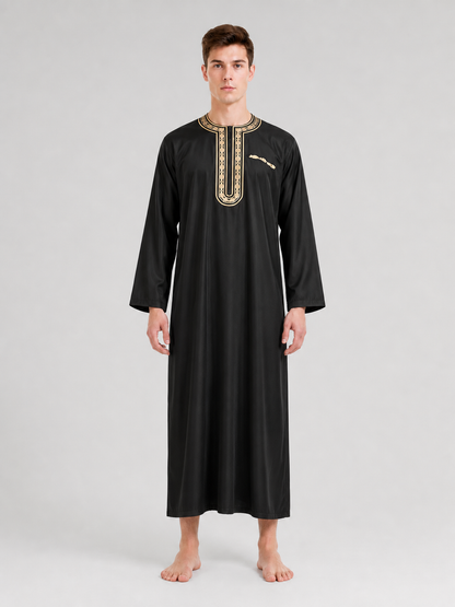Black long Muslim robe with gold trim