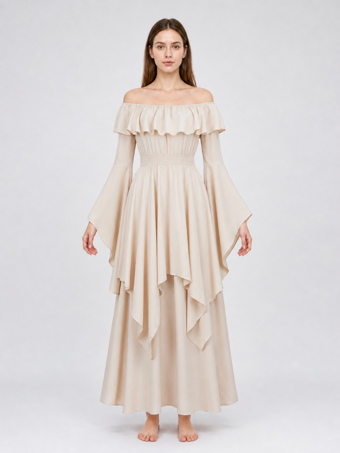 Red off-the-shoulder maxi evening dress
